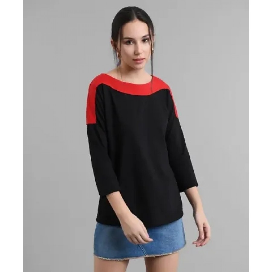 Elizy Women Black Plain Red Shoulder T-shirt