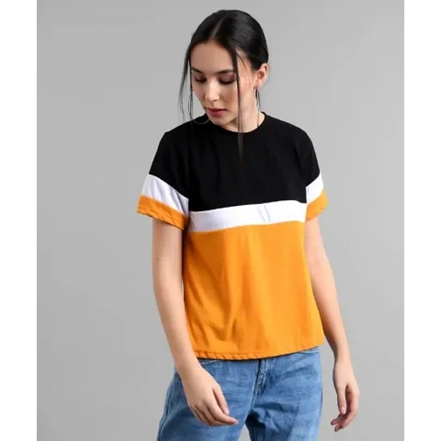 Elizy Women Black White Pink Colour Block T-shirt