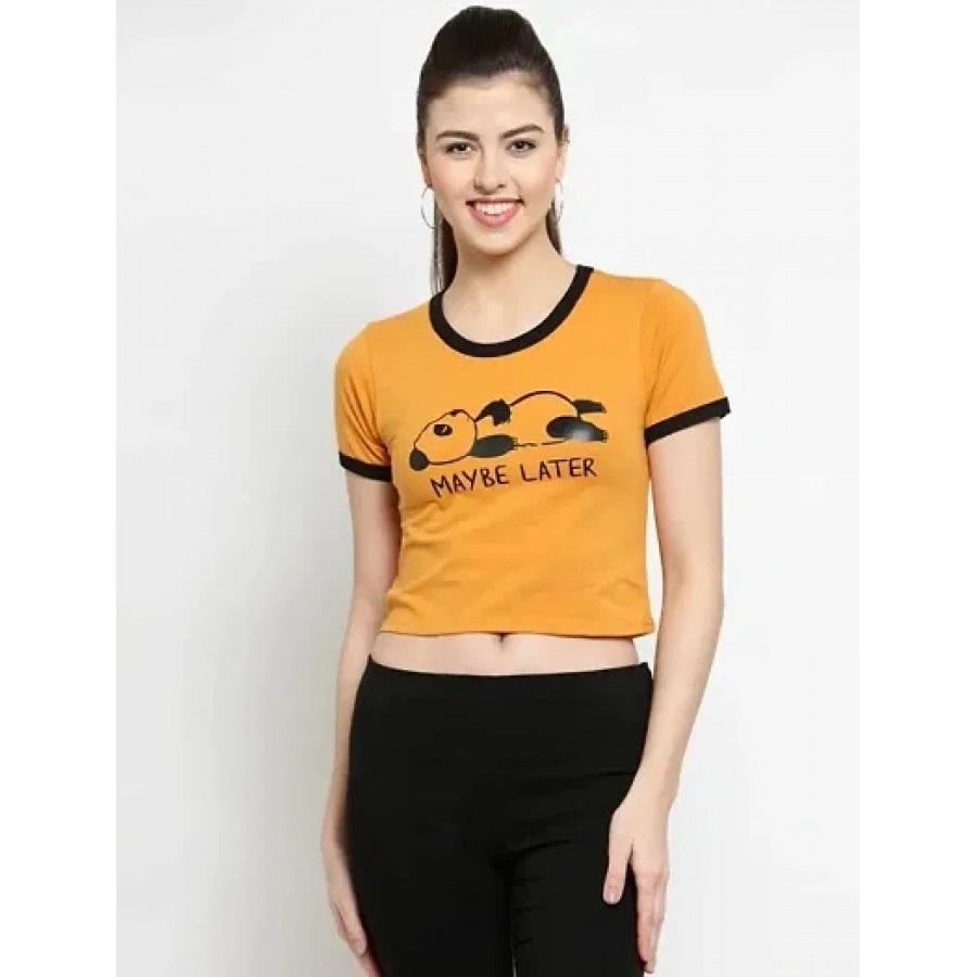 Elizy Women Mustured MayBe Later Printed Crop Top