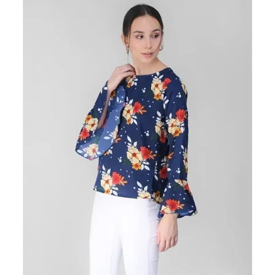 Elizy Women Nevy Base Red Floral Printed Bell Sleeve Top