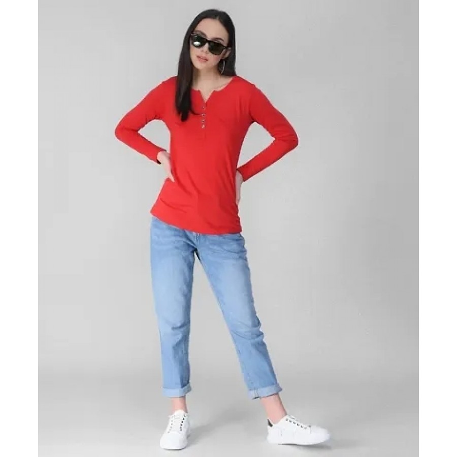 Elizy Women Red Button Plain Tshirt