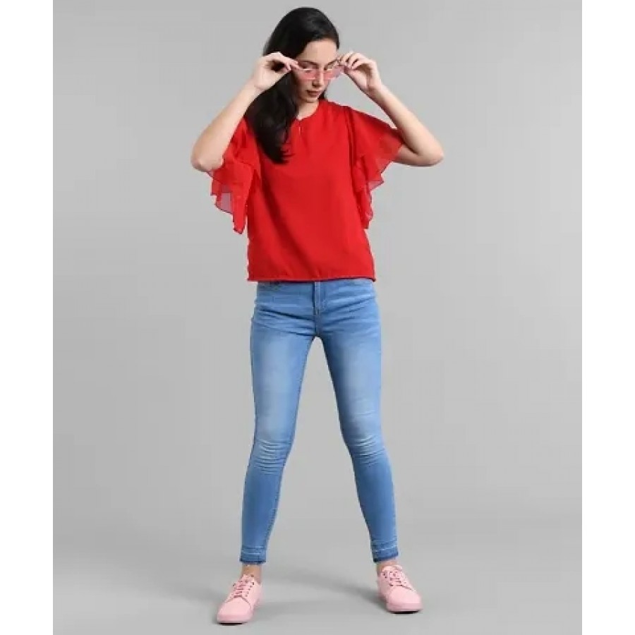 Elizy Women Red Ruffle Sleeve Neck Button Top