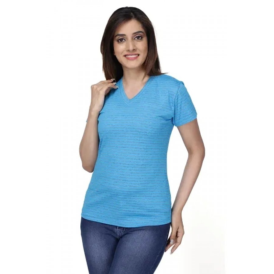 Fashionable Blue Cotton V Neck T-Shirt For Women