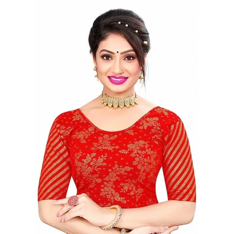 Lady Bloom Round Neck Fancy Blouse with Fancy Sleeve (Large, Red)