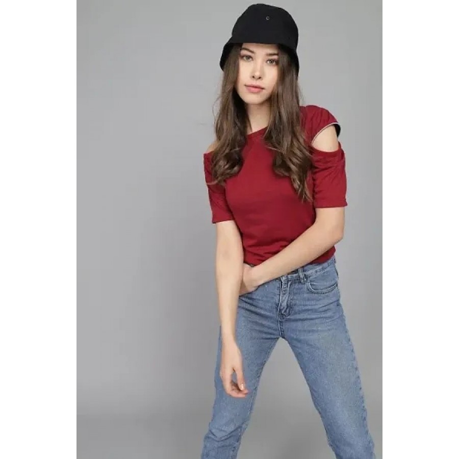 MAROON Cold Shoulder With Half Sleeve Zip