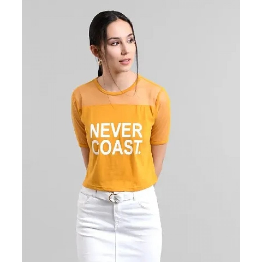 Mustard Never Coast Print Top With Net Yoke