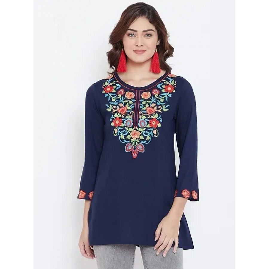 Navy Blue Embroidered Viscose Rayon Top