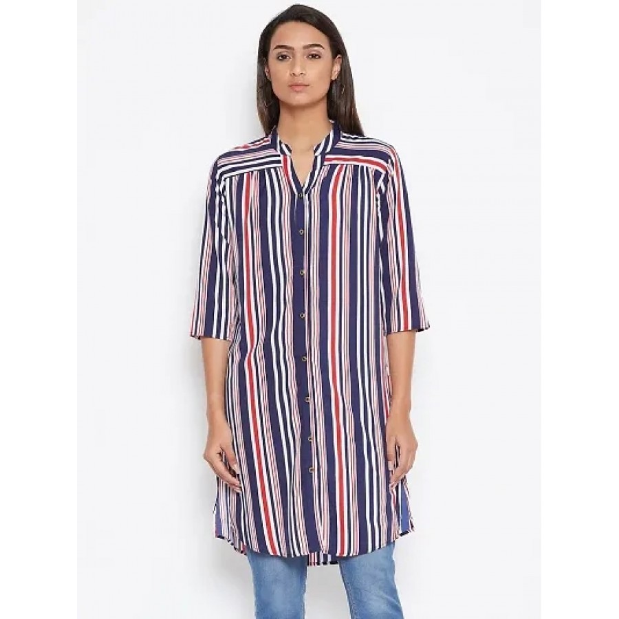 Navy Blue Striped Crepe Top For Women's