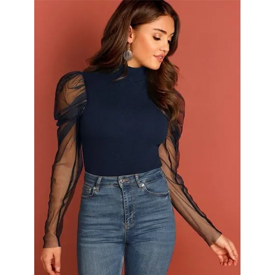 Navy Puff Sleeves Cotton Zipper Top