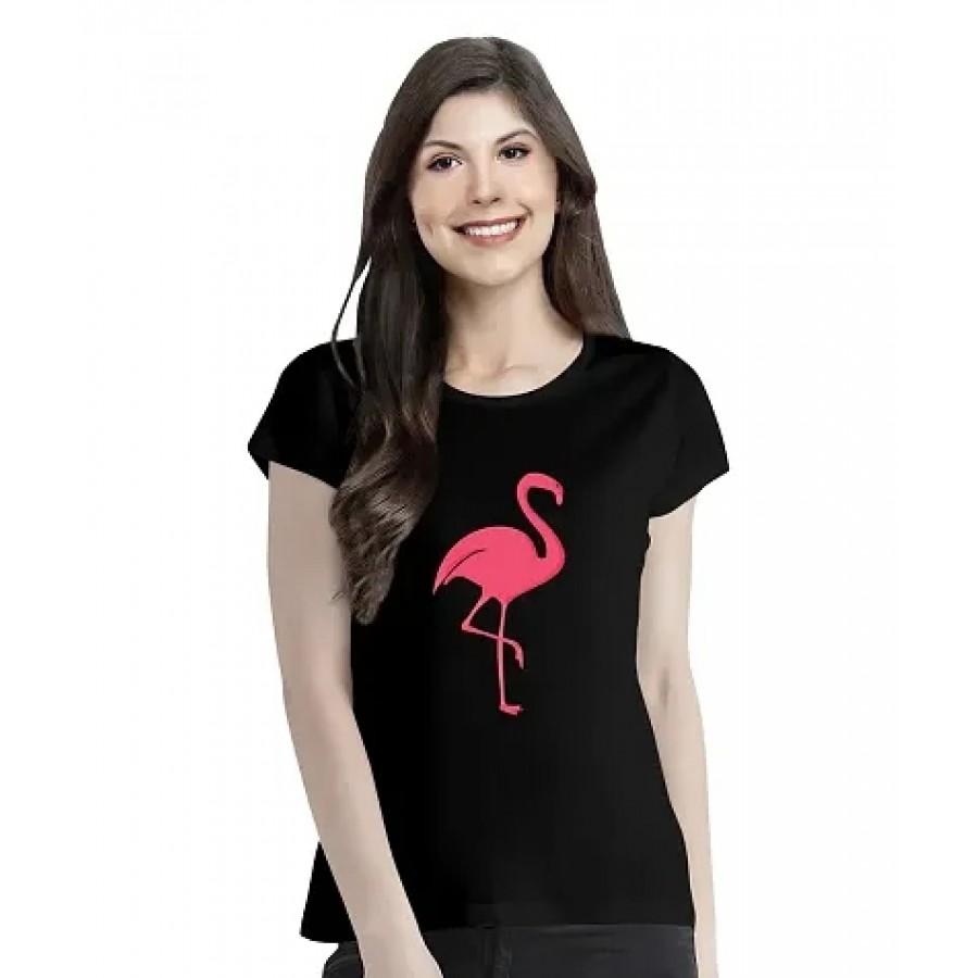 OPLU Women's Regular Fit Tshirt Flamingo Cotton Printed Round Neck Half Sleeves Animal, Cute Animal, Pet Pootlu Tees and Tshirts