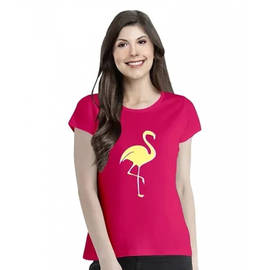 OPLU Women's Regular Fit Tshirt Flamingo Cotton Printed Round Neck Half Sleeves Animal, Cute Animal, Pet Pootlu Tees and Tshirts