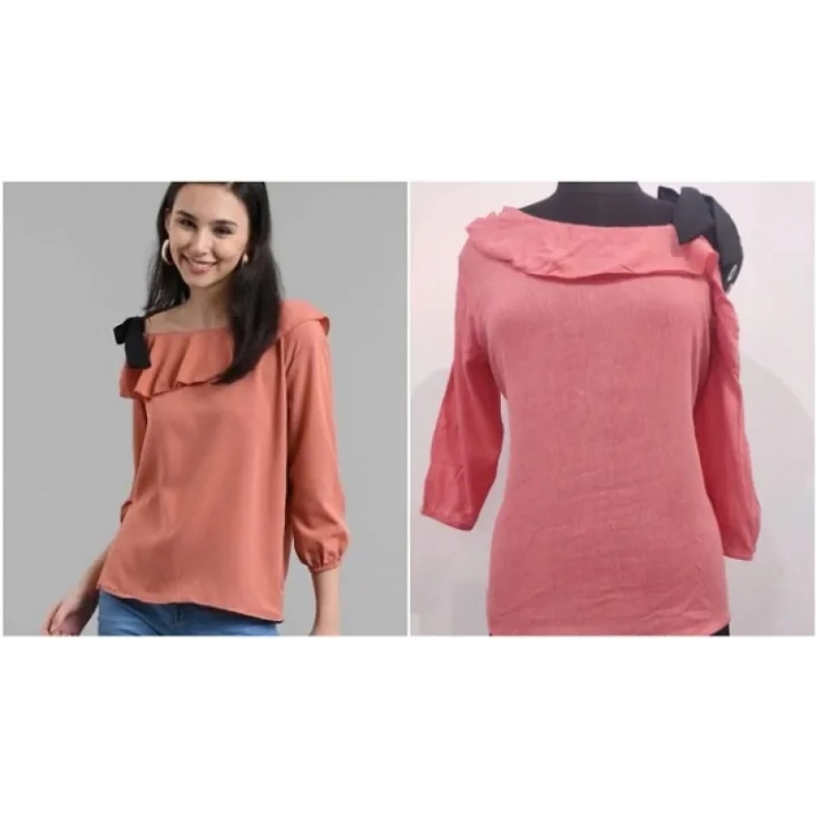 Pastel Orange Balloon Slv Top With One Side BLACK Knts