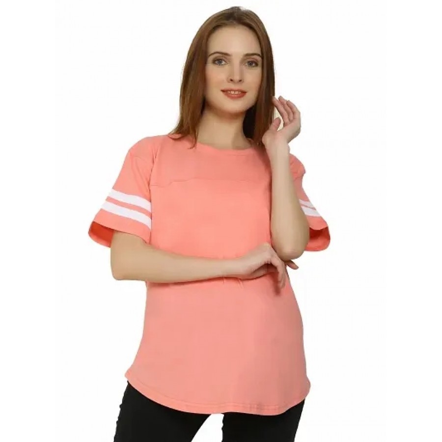 QUECY? Women's Cotton Stripe Round Neck Regular Fit Half Sleeve T-Shirt