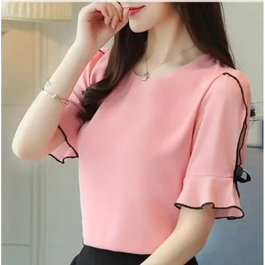 RAABTA PEACH CUT SLEEVE TOP WITH BLACK PIPING