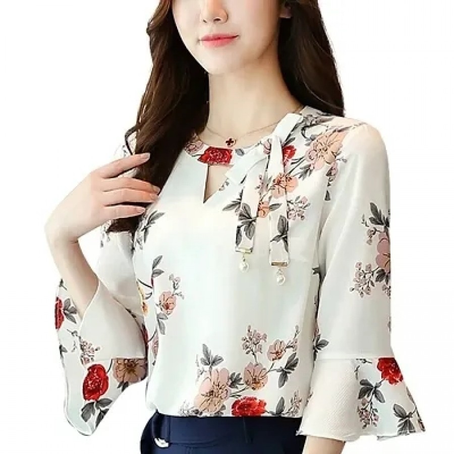 RAABTA WHITE KEYHOLE PRINTED BELL SLEEVES TOP