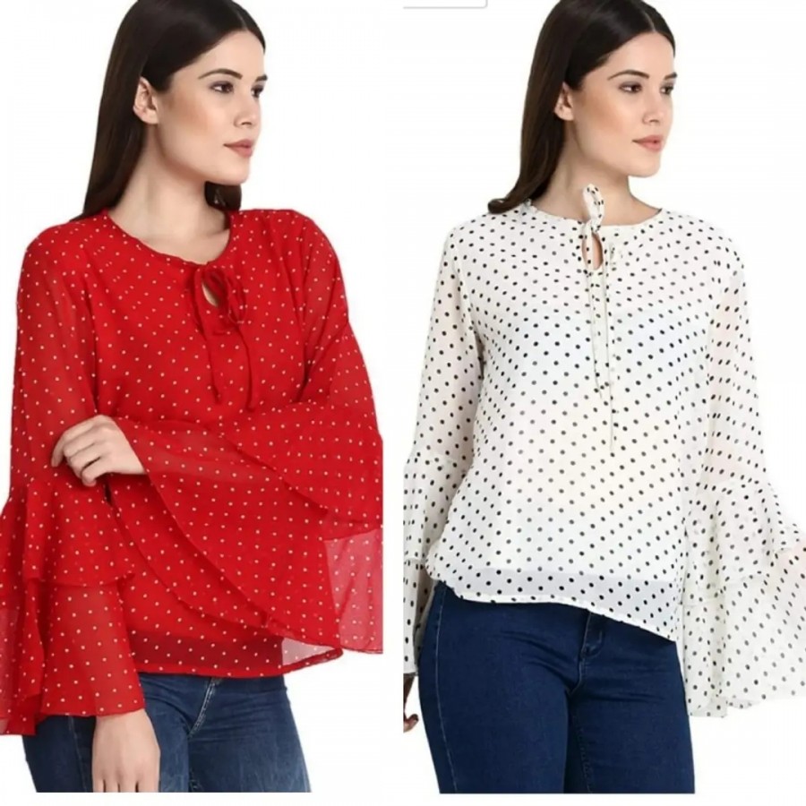 Raabta  Red  White dott printed bell sleeve top set of two