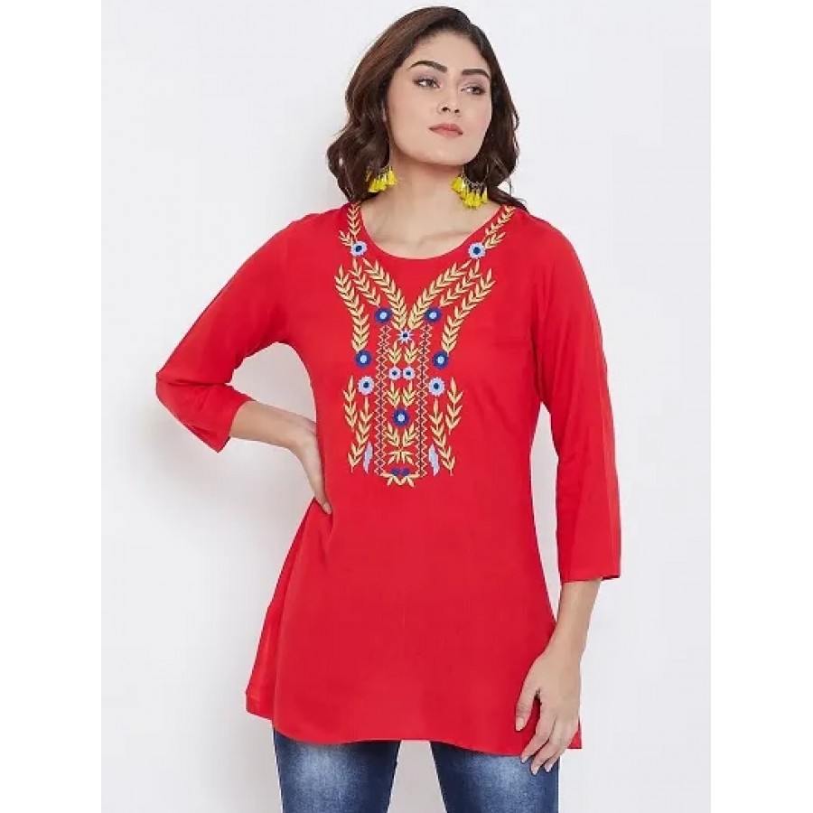 Red Embroidered Viscose Rayon Top For Women's