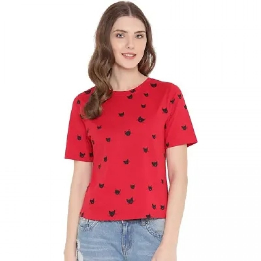 Red Printed Cotton Round Neck Regular Fit Half Sleeve Women's T-Shirt