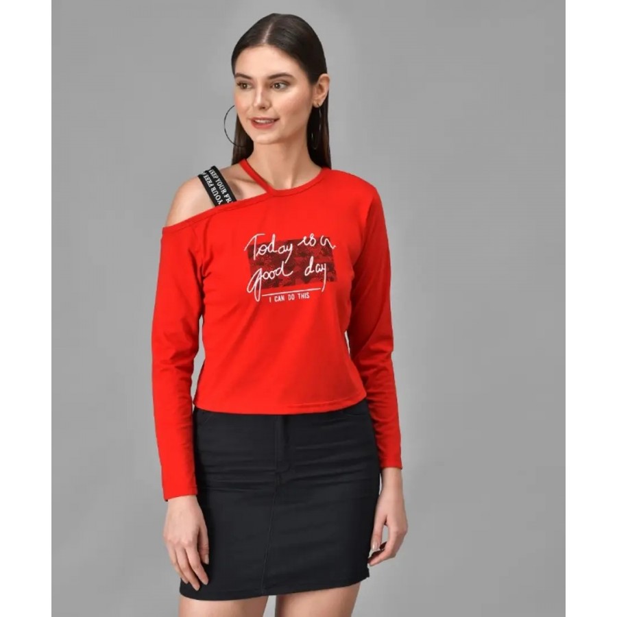 Red GOOD DAY Printed Single Shoulder Full Sleeve Top