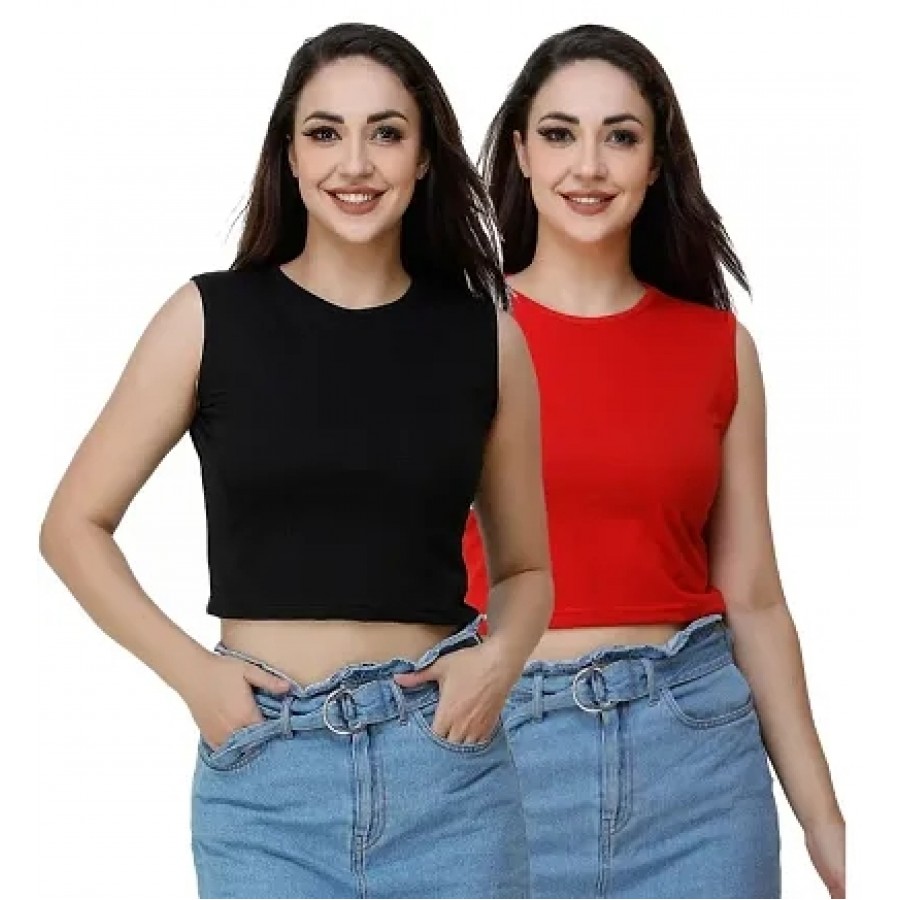 Round Neck Solid Crop Top For Women Pack Of 2