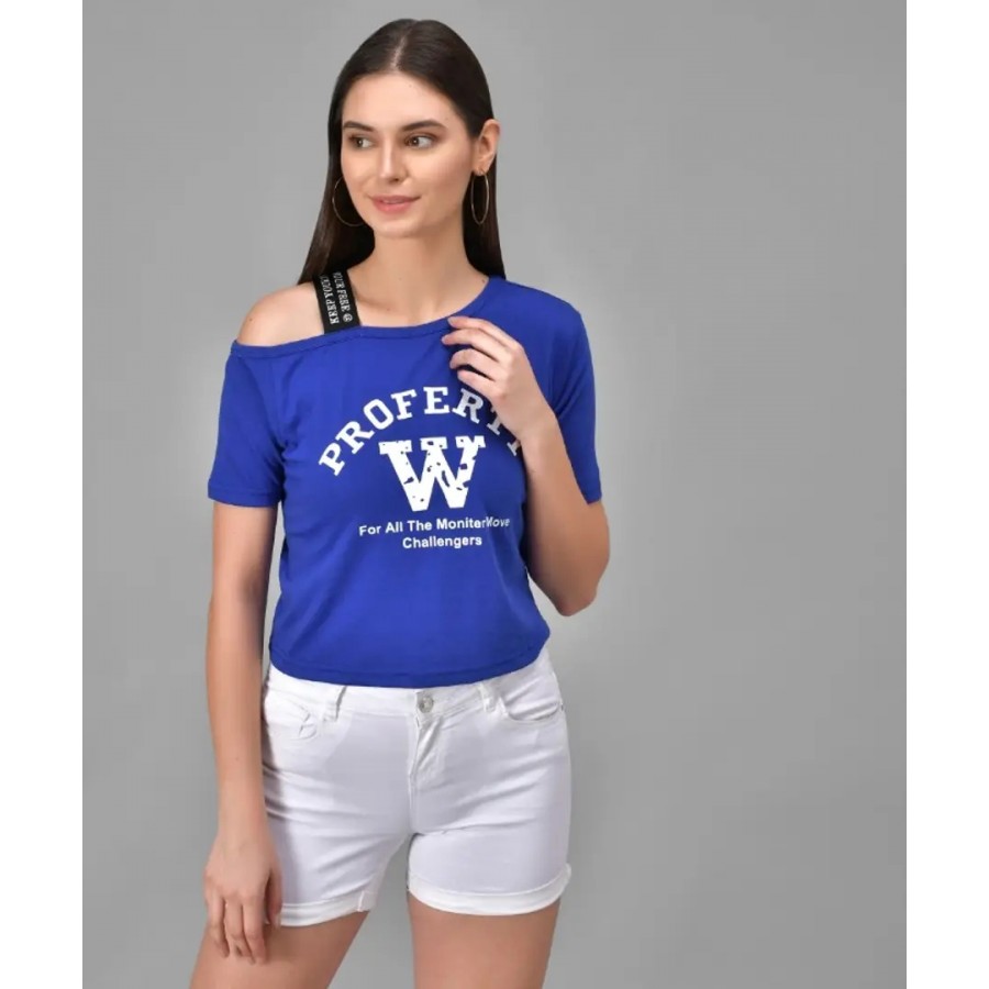 Royal Blue W Printed Single Shoulder Half Sleeve Top