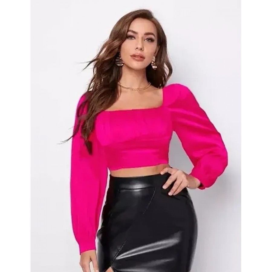 Ruched Bust Lantern Trendy Sleeve Crop Pink Satin Top