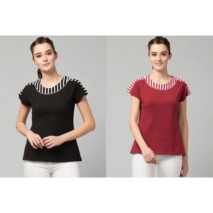 Solid Round Neck Black  Maroon Combo Women Top