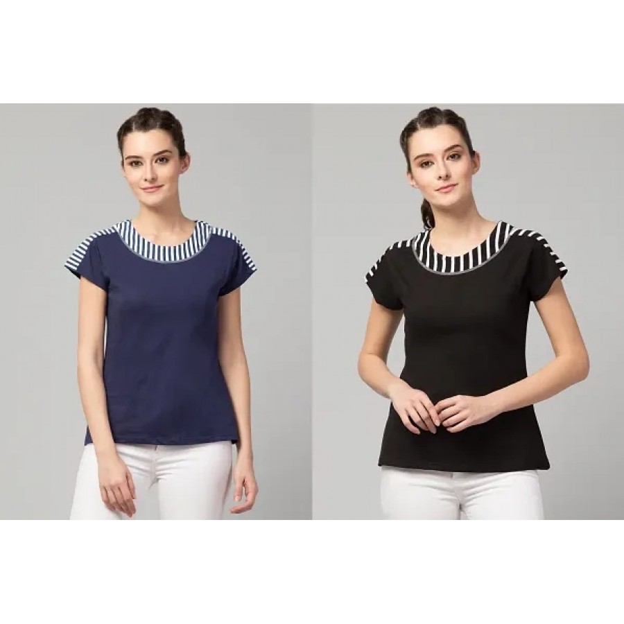 Solid Round Neck Navy Blue  Black Combo Women Top