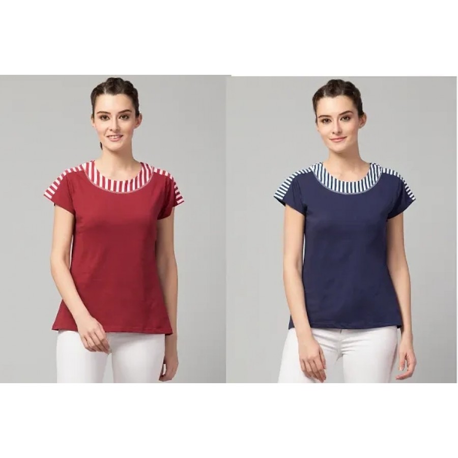 Solid Round Neck Navy Blue  Maroon Combo Women Top