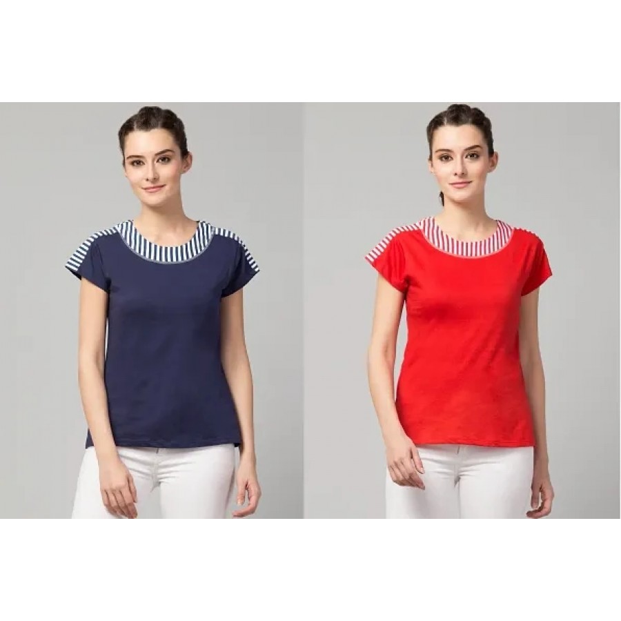 Solid Round Neck Navy Blue  Red Combo Women Top