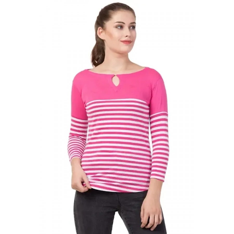 Striped 3/4 Sleeve, Round Neck with keyhole Trendy Women's T-Shirt