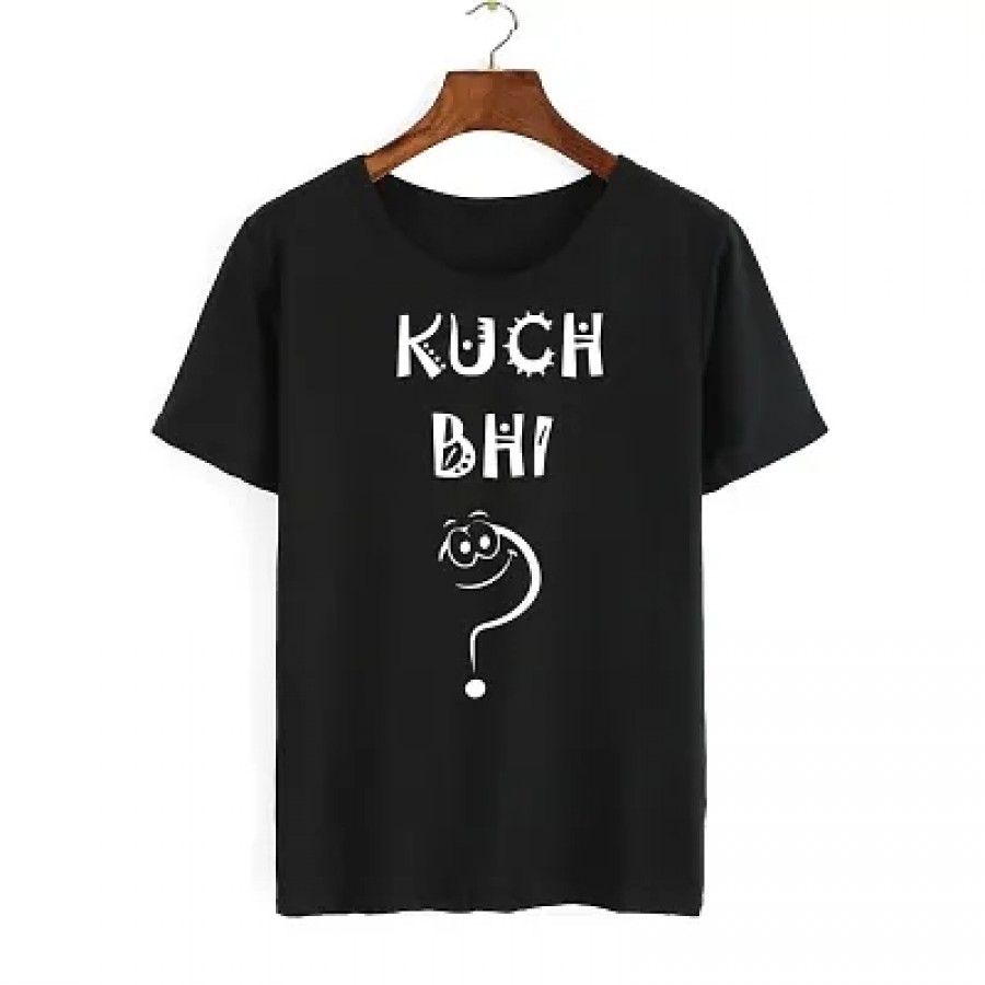 Stunning Black Printed Cotton Round Neck Tees For Women