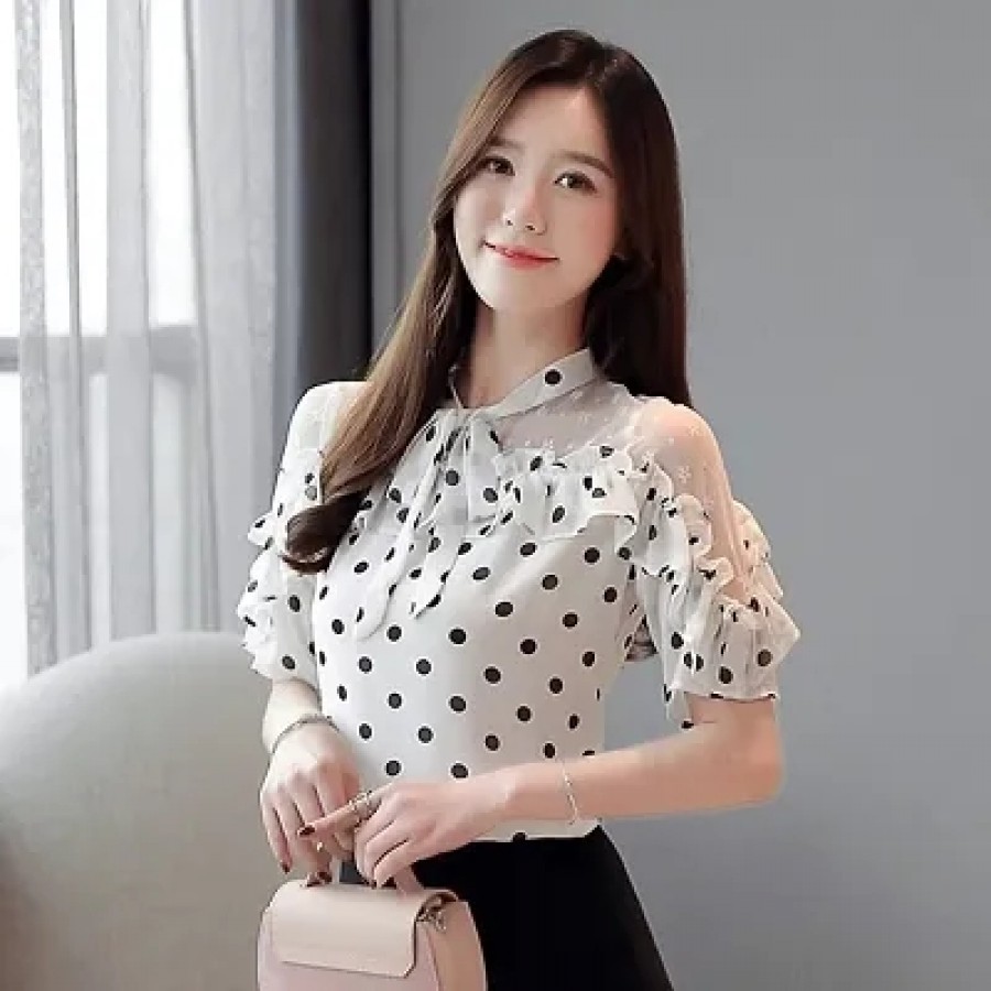 Stunning White Polka Dot Printed Blouse Top