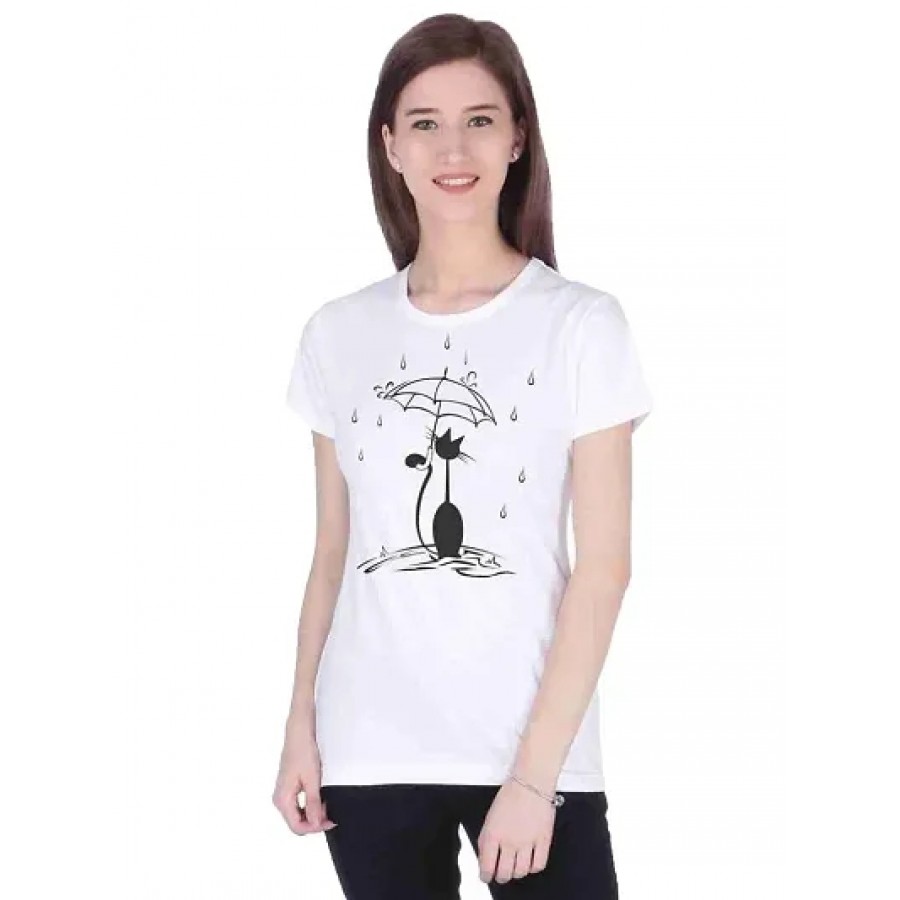 Stunning White Printed Cotton Round Neck Tees For Women