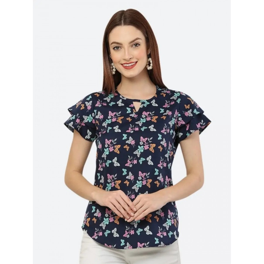 Style House Trendy Women's Navy Blue Butterfly Print Crepe Top