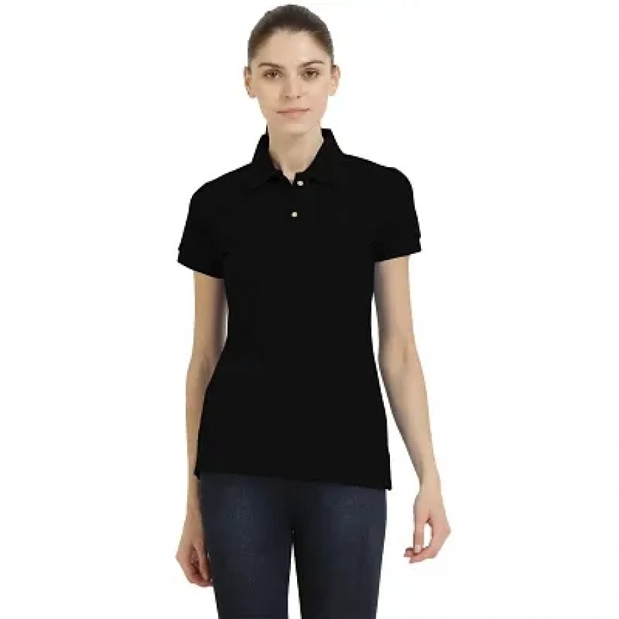 Stylish Black Cotton Spandex Solid Polo T-Shirt For Women