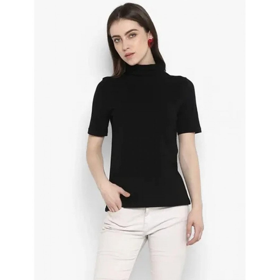 Stylish Black Solid Cotton Blend Tops For Women