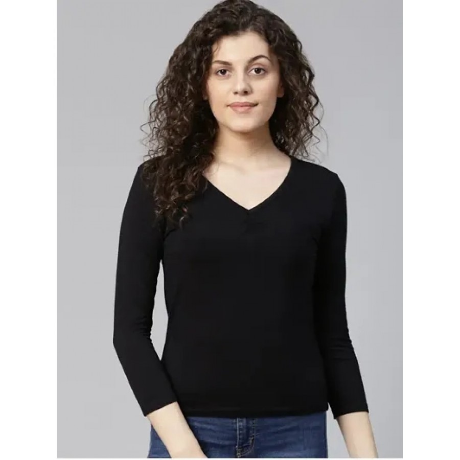 Stylish Black Solid Cotton Blend Tops For Women