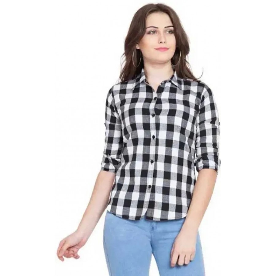 Stylish Cotton Black Checked Long Sleeves Shirt For Women