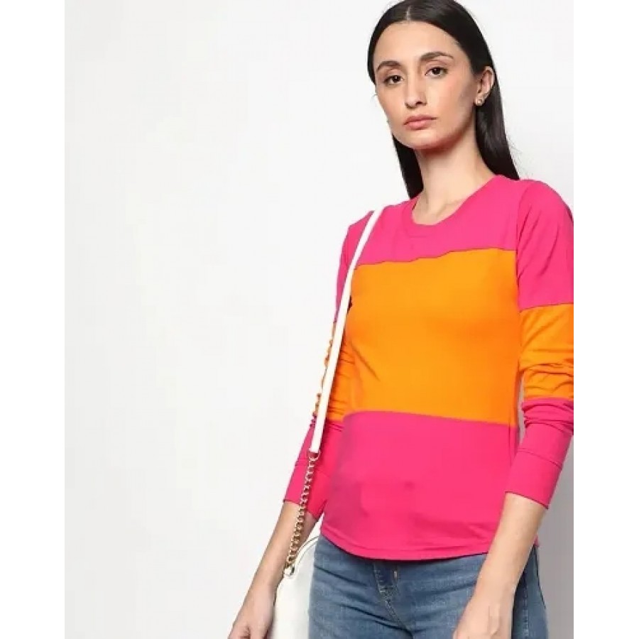 Stylish Cotton Spandex Colourblocked Round Neck Tees For Women