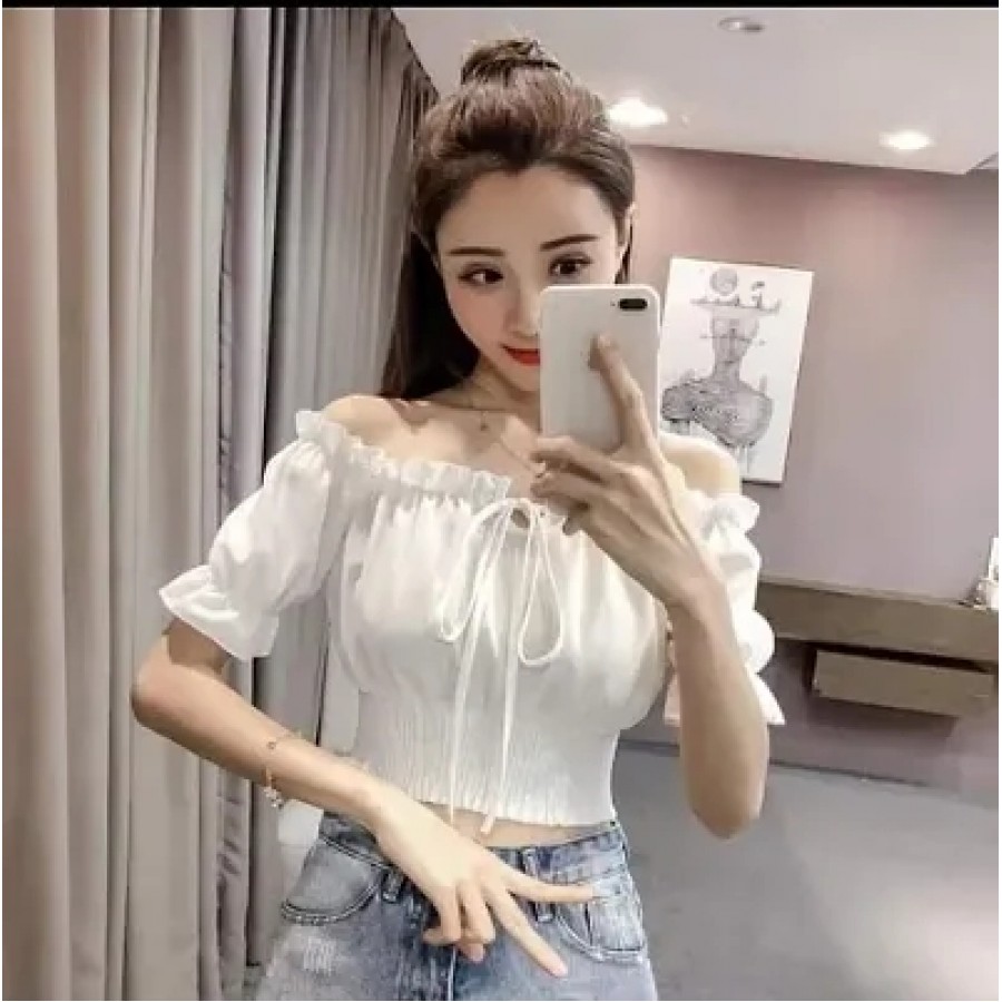 Stylish Crepe Solid White DORI Off Shoulder Crepe Top For Women