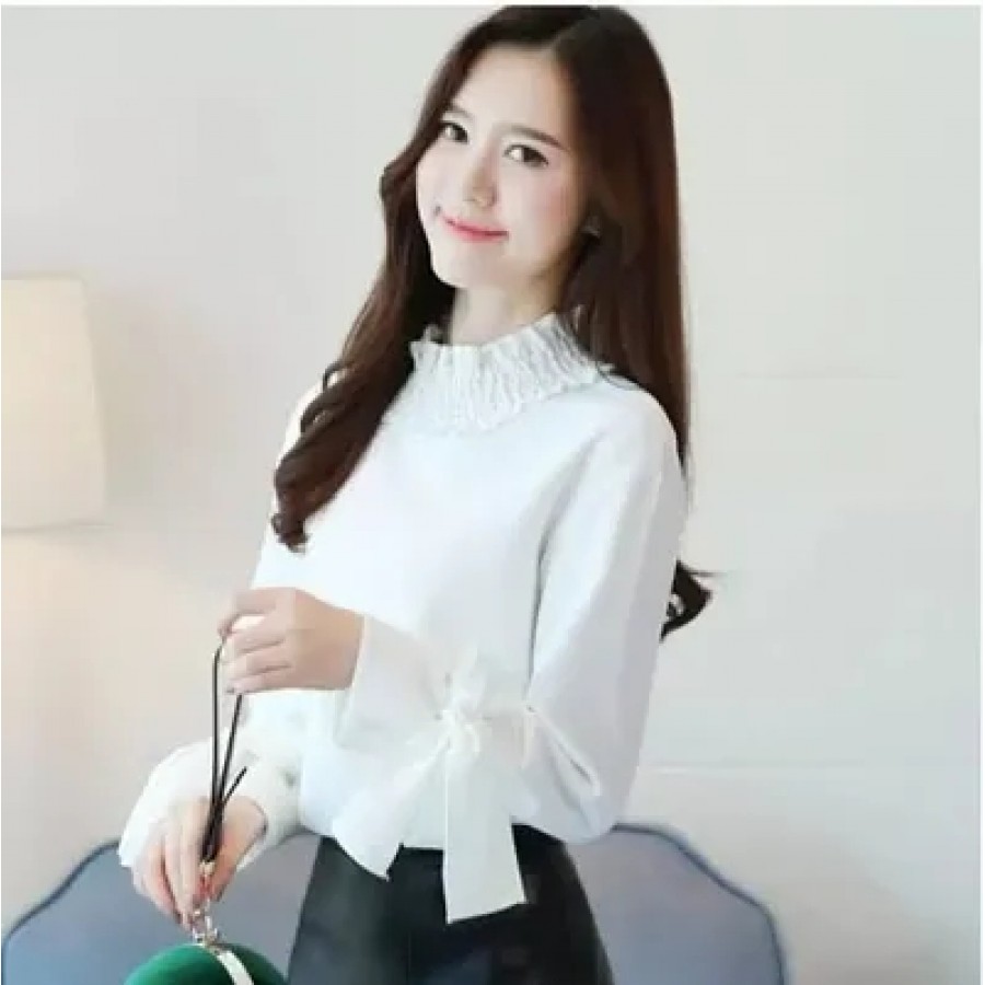 Stylish Crepe Solid White Round Neck Hand Knot Crepe Top For Women