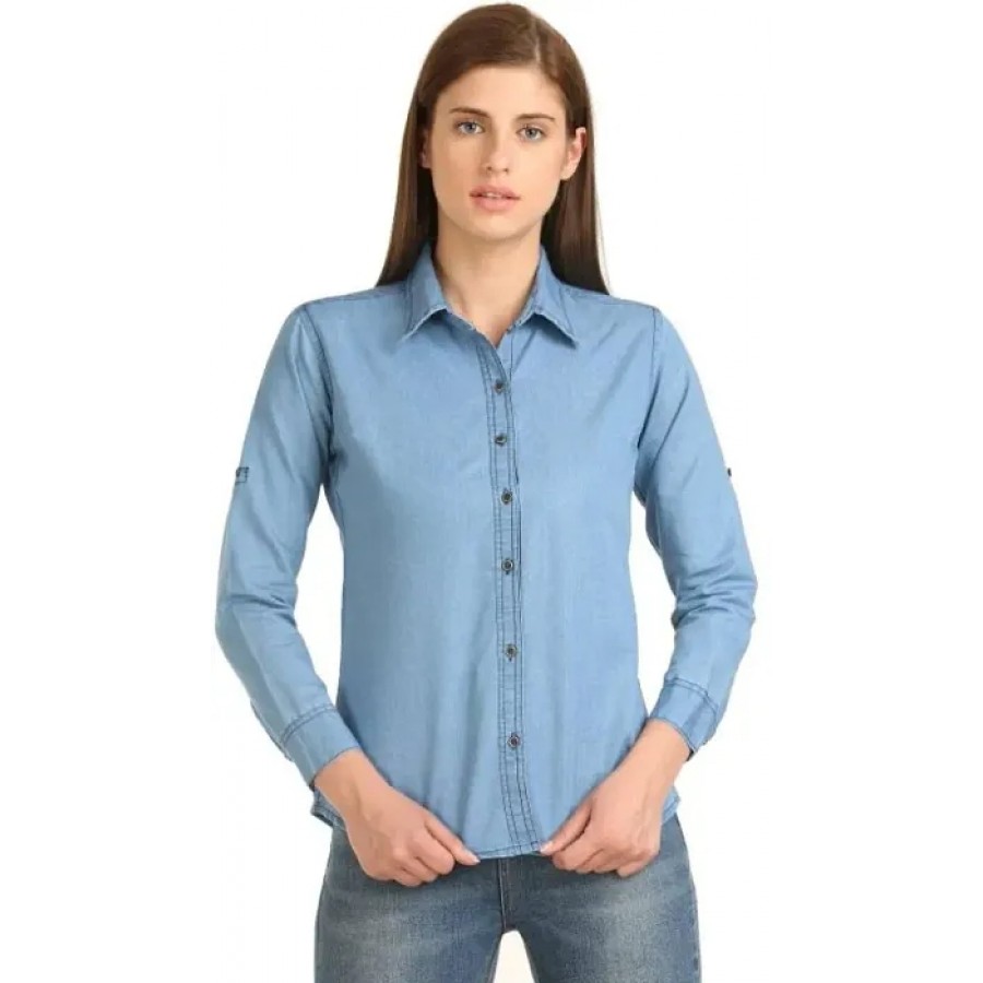 Stylish Denim Solid Shirt For Women