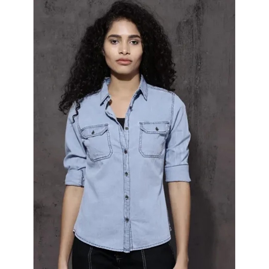 Stylish Denim Solid Shirt For Women