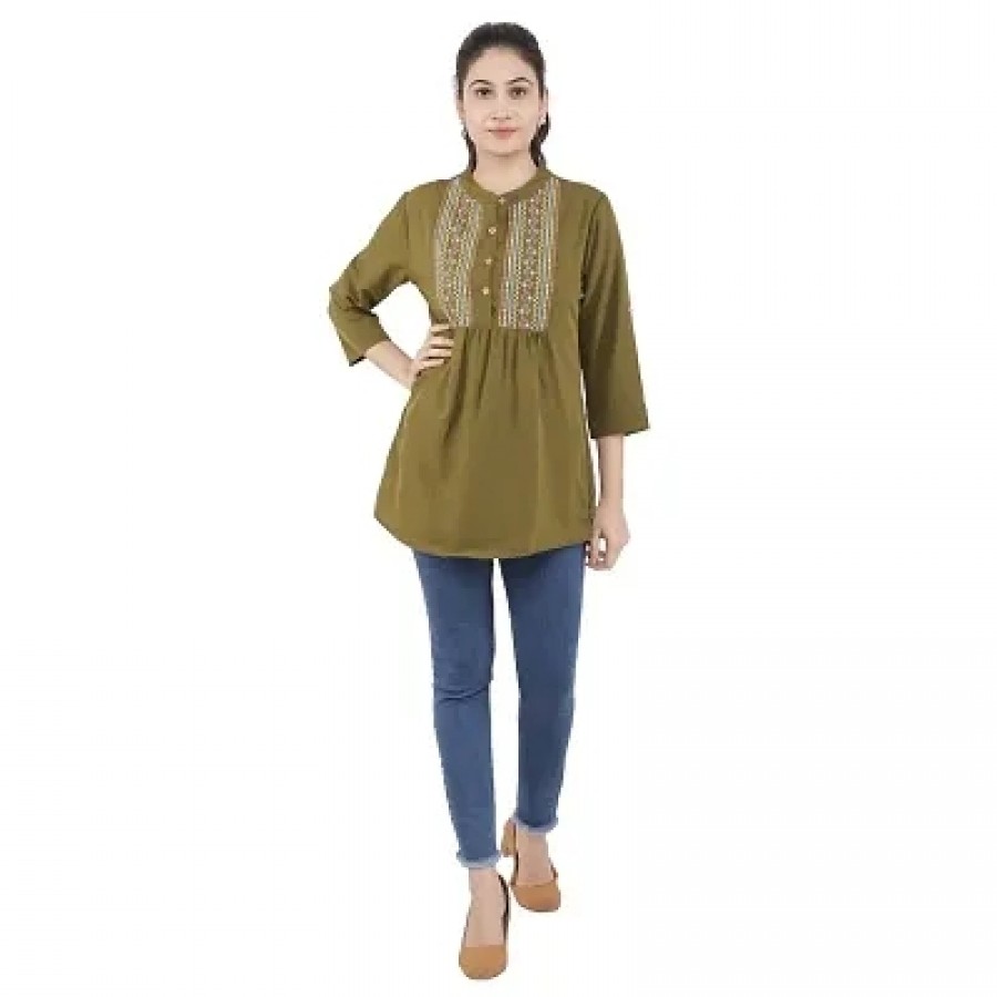 Stylish Green Polyester Cotton Printed Tops For Women