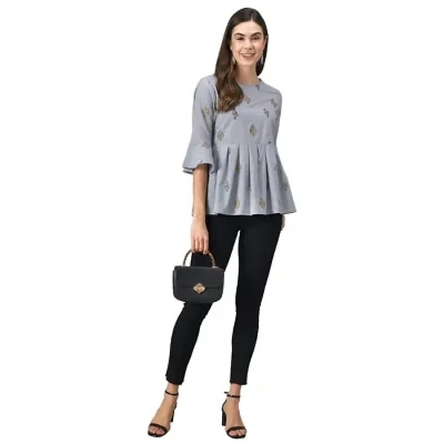 Stylish Grey Polyester Cotton Printed Tops For Women