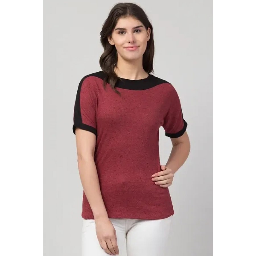 Stylish Maroon Cotton Solid T-Shirt For Women