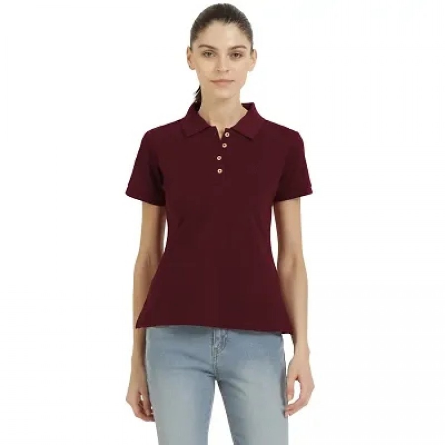 Stylish Maroon Cotton Spandex Solid Polo T-Shirt For Women