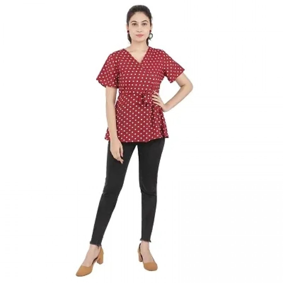 Stylish Maroon Polyester Cotton Printed Tops For Women