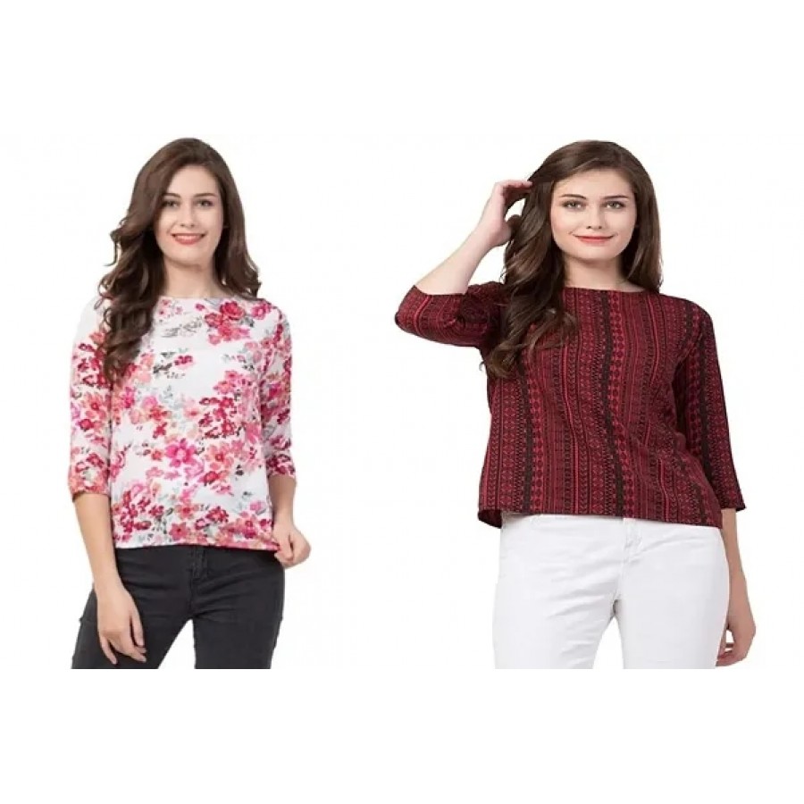 Stylish Multicoloured Crepe Printed Top For Women Pack Of 2